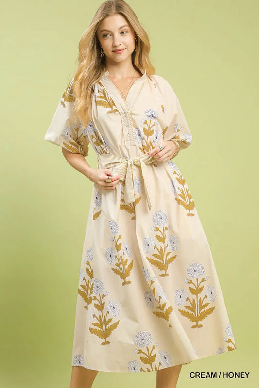 FLORAL PRINT V-NECK MAXI DRESS - CREAM/HONEY