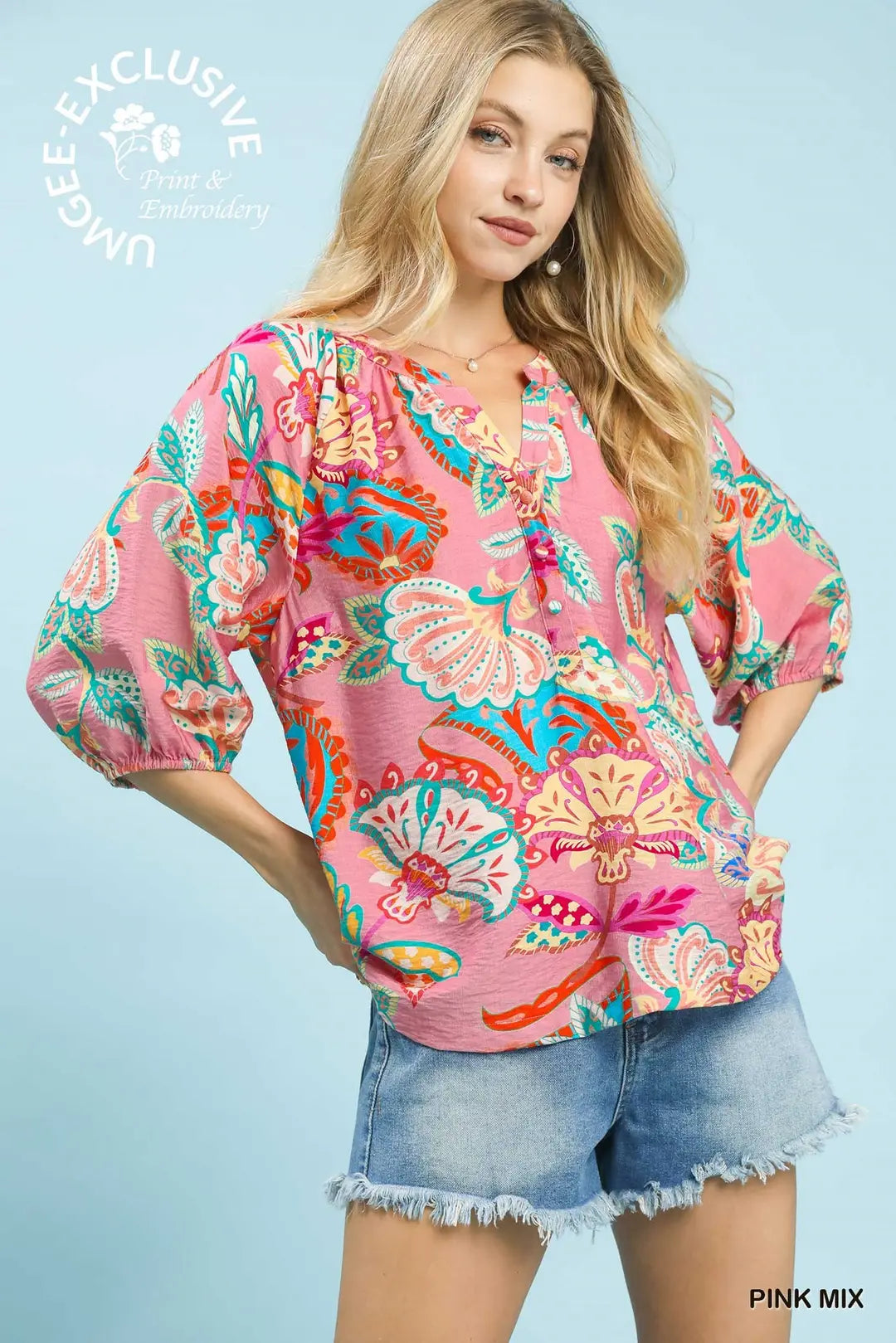 PAISLEY PRINT V-NECK - PINK MIX
