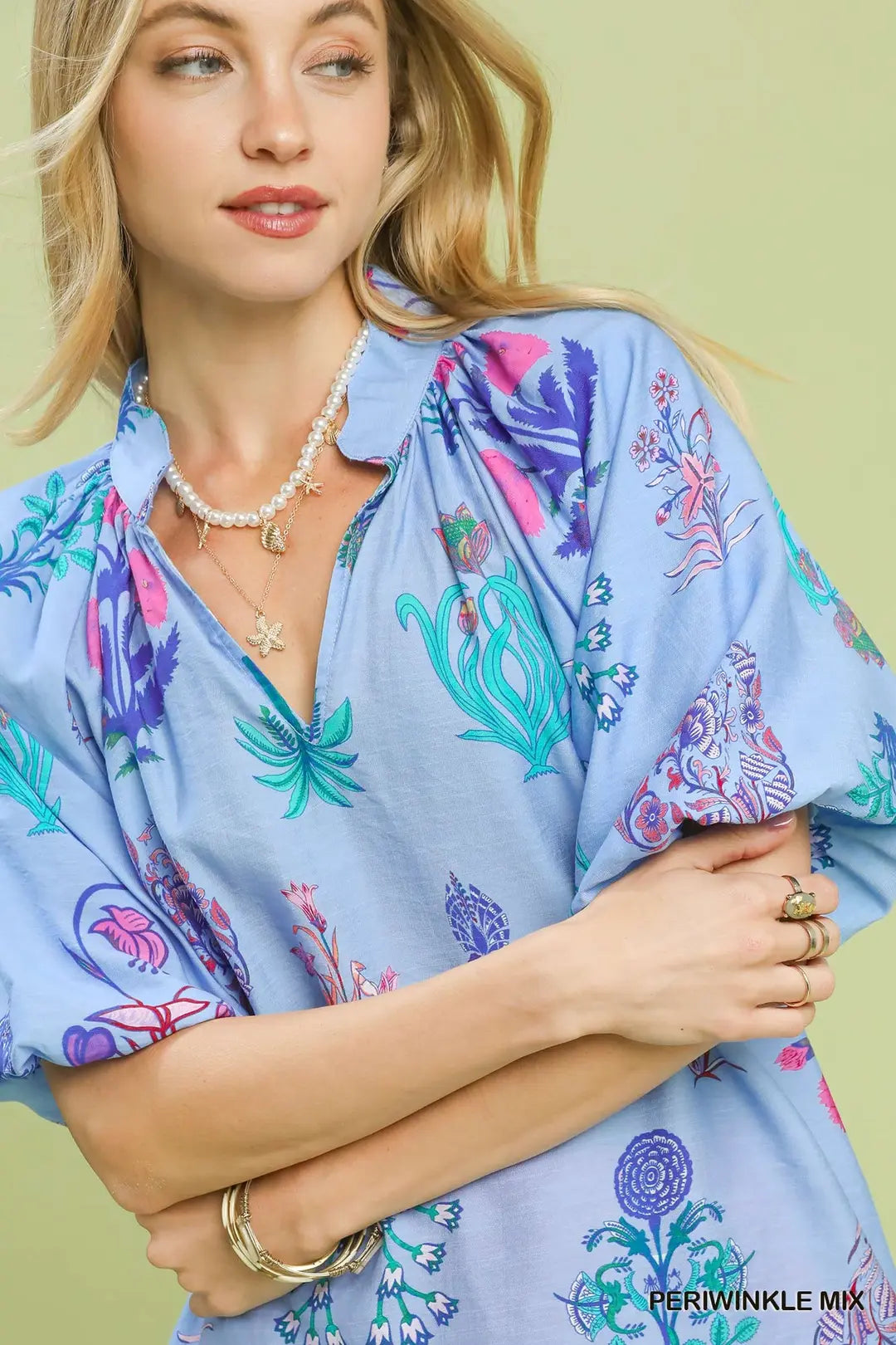 FLORAL ENCYCLOPEDIA PRINT BLOUSE - PERIWINKLE MIX