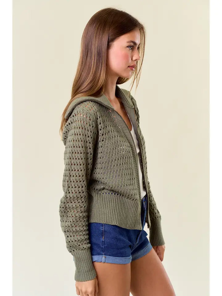 ZIP UP POINTELLE OPEN KNIT SWEATER - OLIVE