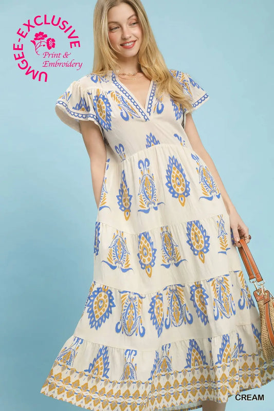 PRINT FLUTTER SLEEVE TIERED MIDI DRESS - CREAM