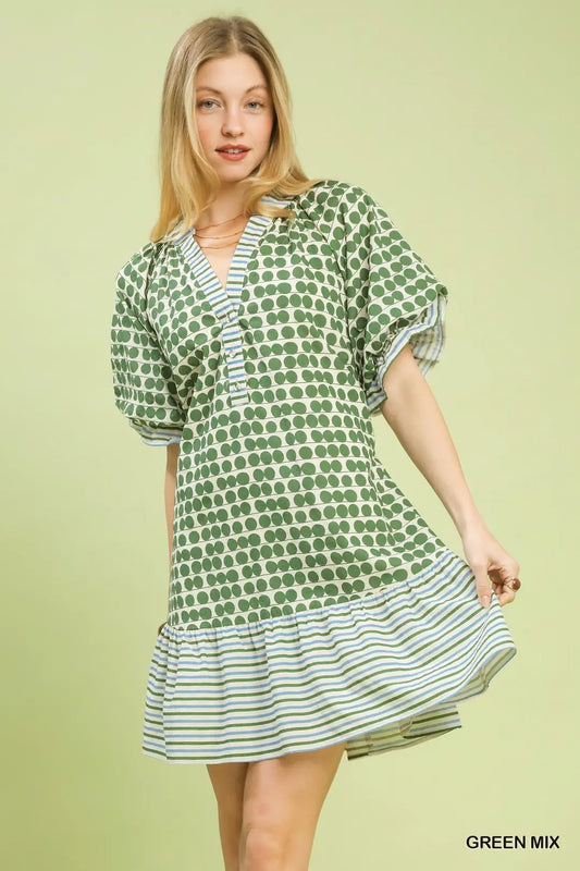 MIX PRINTED SHORT SLEEVE DRESS WITH TIE WAIST - GREEN MIX