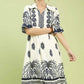 BORDER PRINT MIDI DRESS WITH PUFF SLEEVE - NAVY MIX