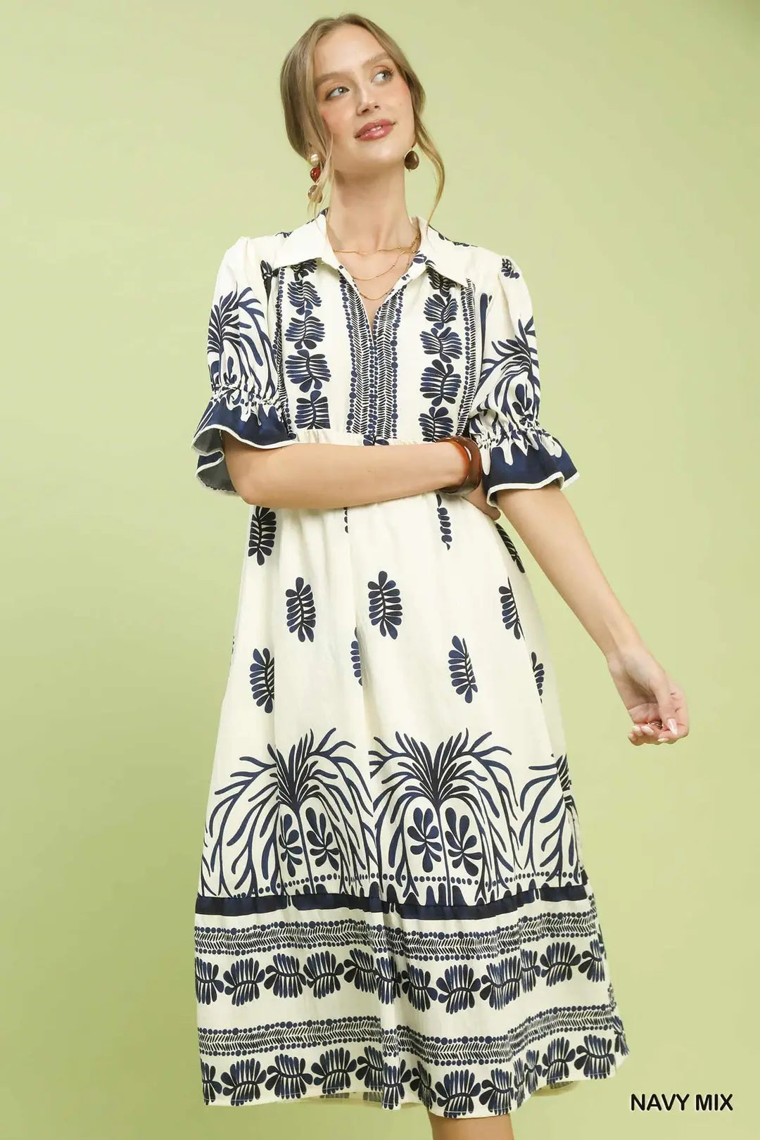 BORDER PRINT MIDI DRESS WITH PUFF SLEEVE - NAVY MIX