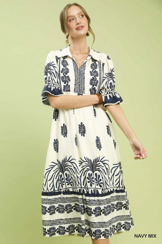 BORDER PRINT MIDI DRESS WITH PUFF SLEEVE - NAVY MIX