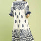 BORDER PRINT MIDI DRESS WITH PUFF SLEEVE - NAVY MIX