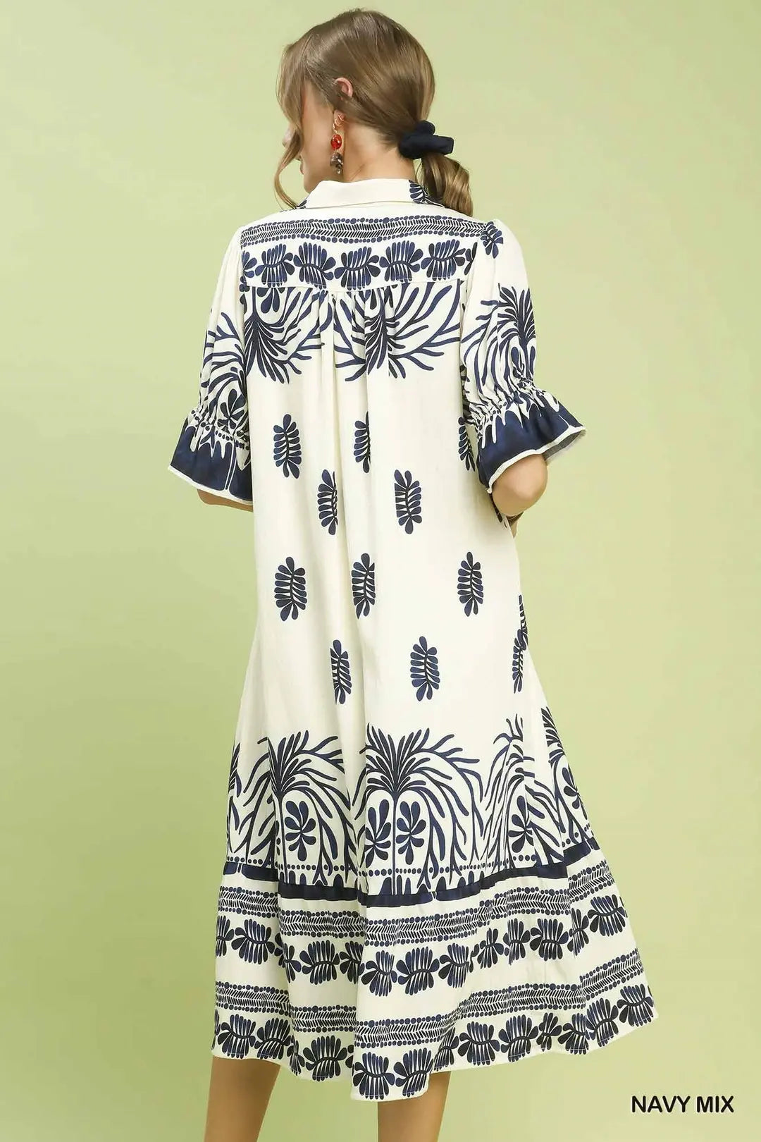 BORDER PRINT MIDI DRESS WITH PUFF SLEEVE - NAVY MIX