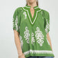 BOHO PRINT SPLIT-NECK SHORT SLEEVE TOP - GREEN