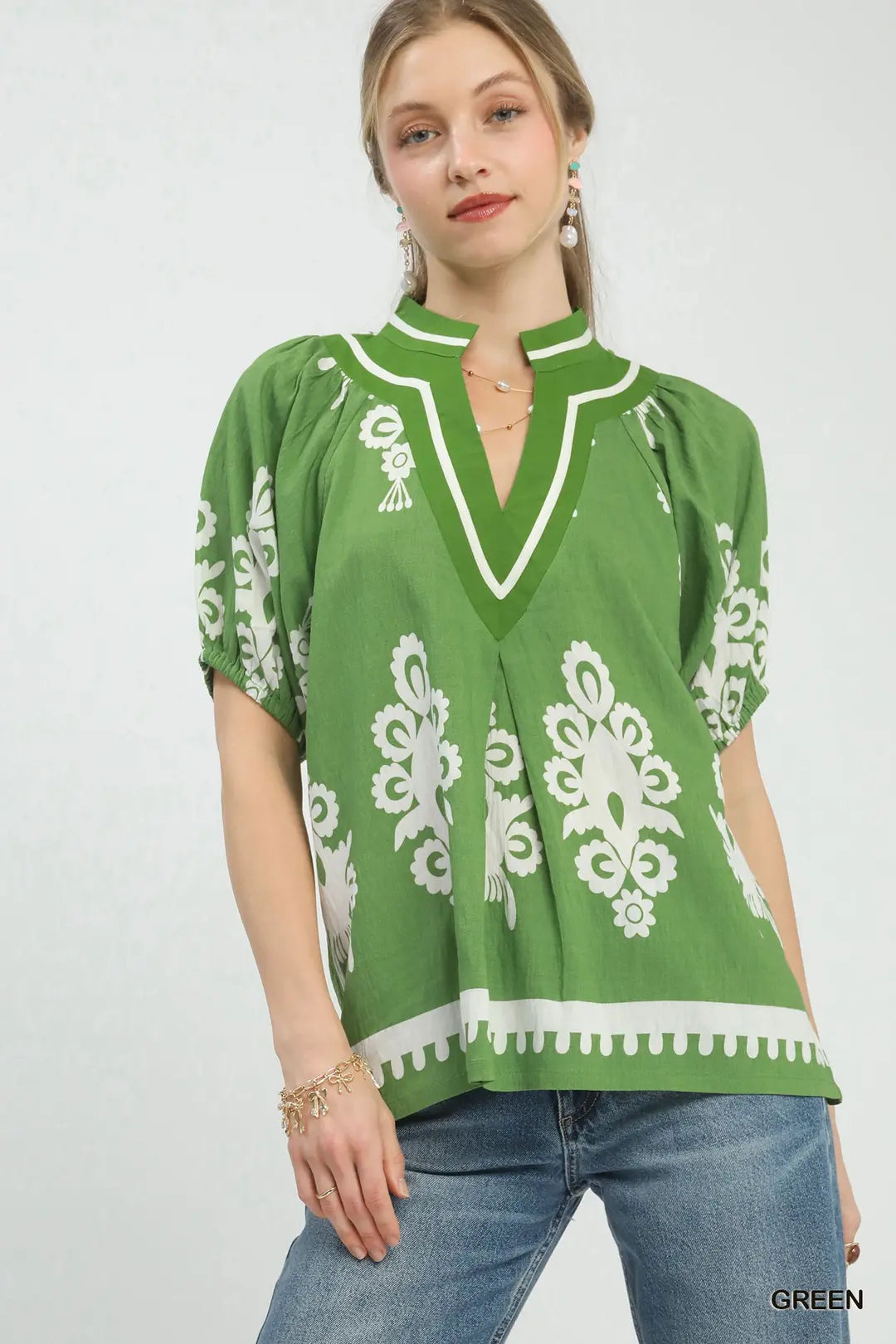 BOHO PRINT SPLIT-NECK SHORT SLEEVE TOP - GREEN