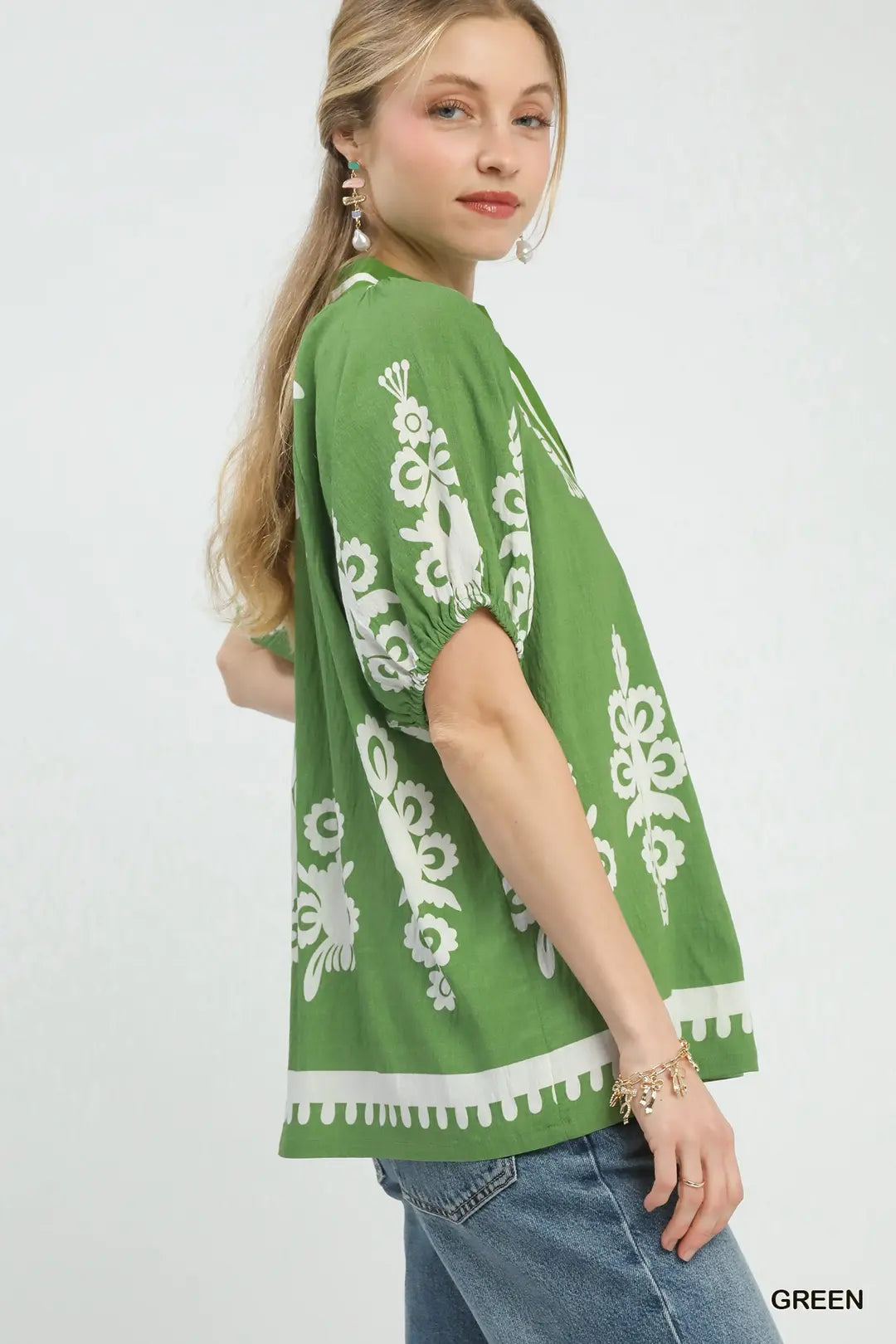 BOHO PRINT SPLIT-NECK SHORT SLEEVE TOP - GREEN