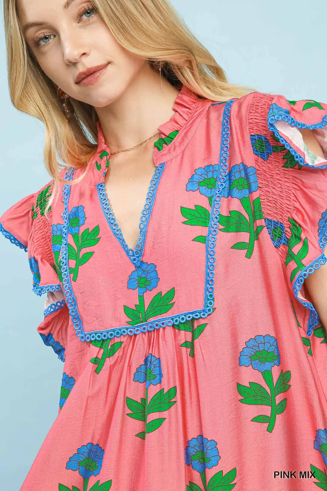 FLORAL RUFFLE TRIM TIERED MAXI DRESS - PINK MIX