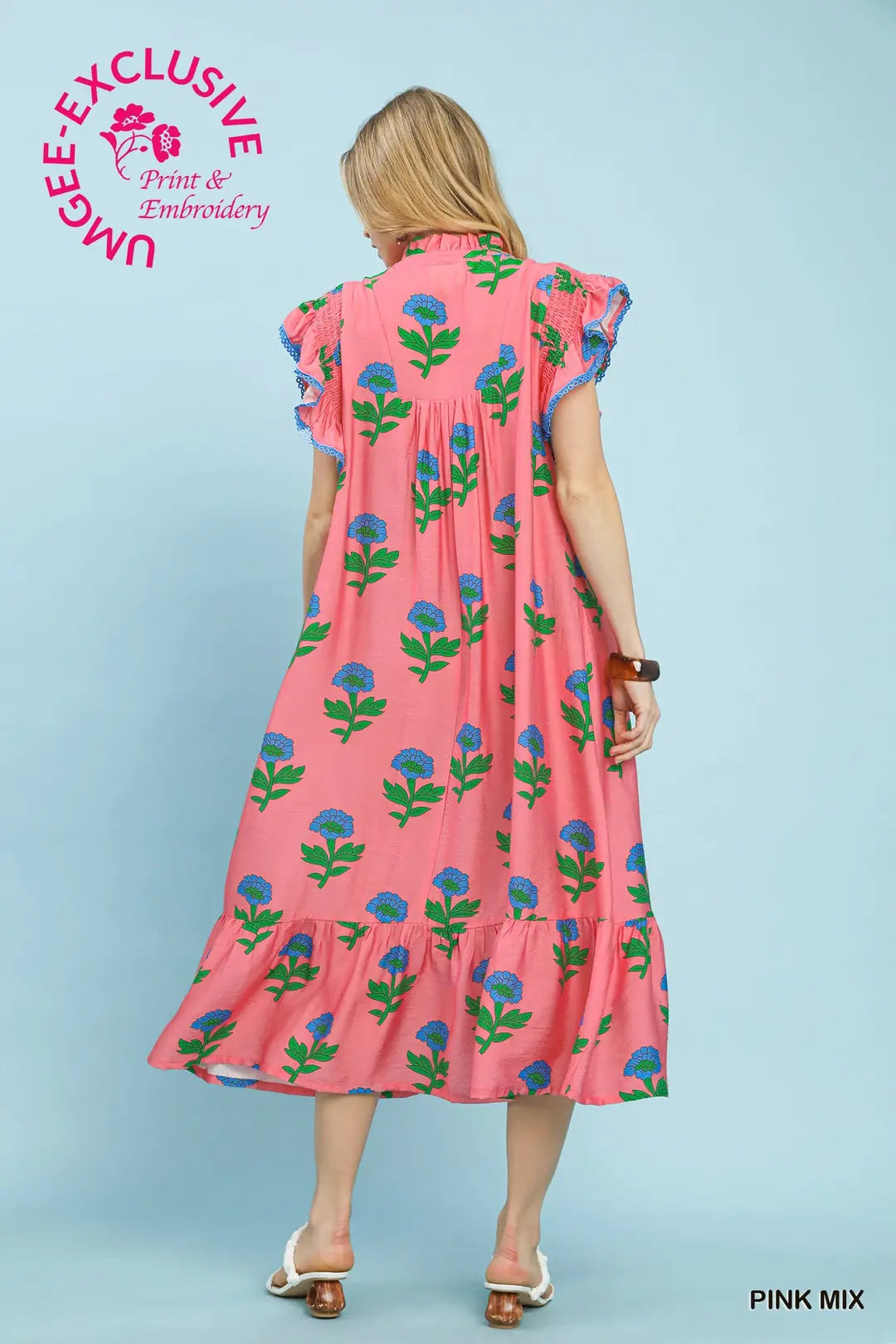 FLORAL RUFFLE TRIM TIERED MAXI DRESS - PINK MIX