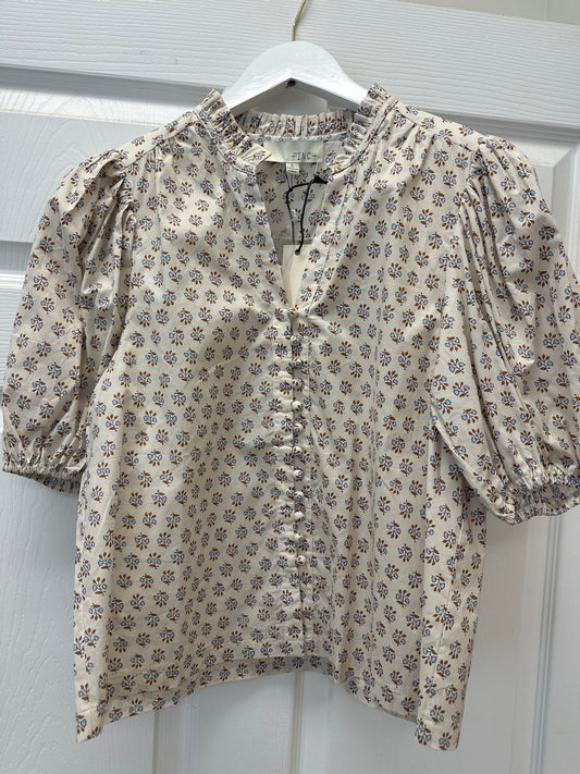 FLORAL PUFFED SLEEVE BLOUSE TOP - CREAM