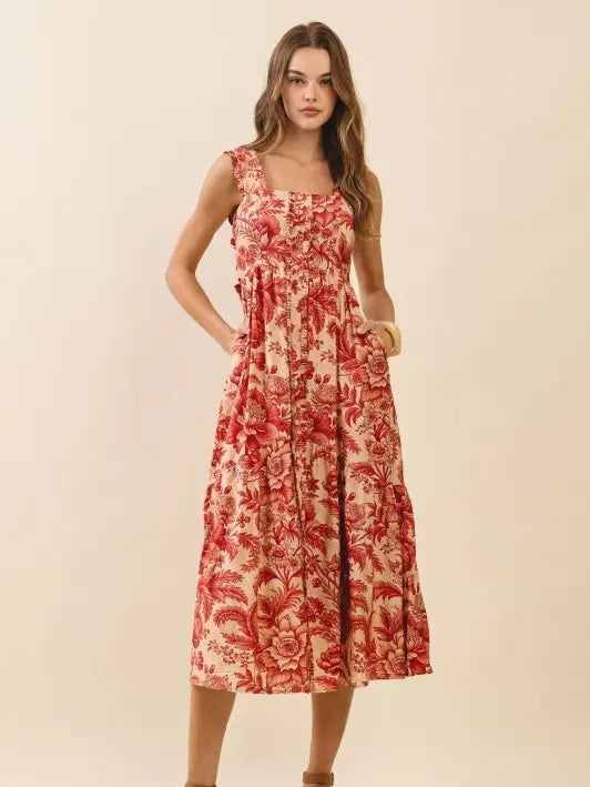 FLORAL PRINT RUFFLED STRAPS BUTTON FRONT DRESS - RED