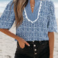 BLUE FLORAL STRIPED PRINT CONTRAST RIC-RAC PUFF SLEEVE TOP - BLUE