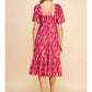 PRINTED TIERED KNEE MIDI DRESS - RED MULTI