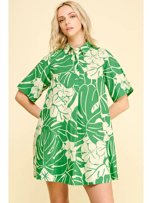 FLORAL PRINT BUTTON DOWN MINI DRESS - GREEN