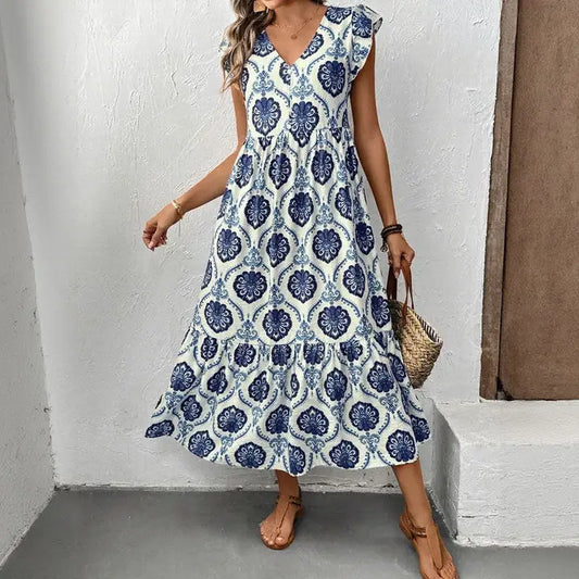 LOOSE - FIT DEEP V-NECK FLORAL PRINT MAXI DRESS - BLUEu