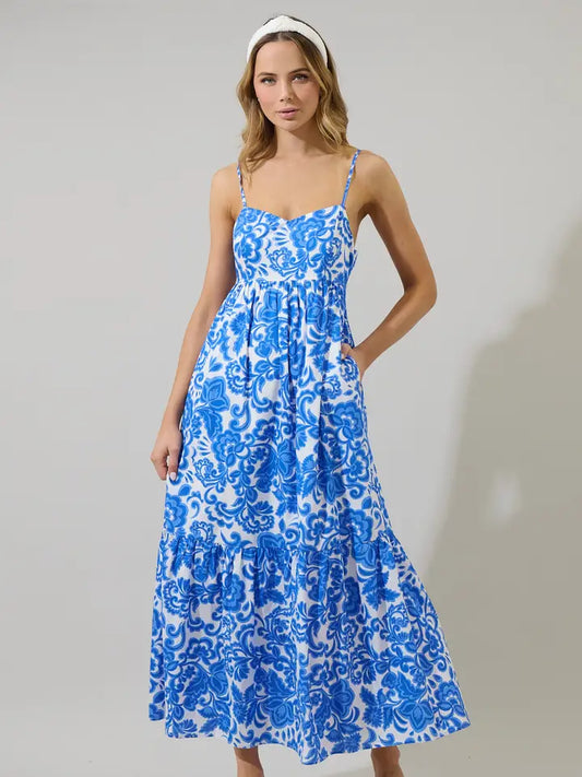 MAGEE FLORAL CABANA MAXI FLOWT DRESS - BLUE