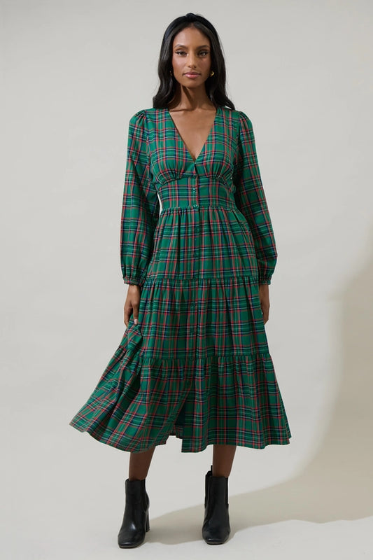 PLAID BUTTON DOWN MIDI DRESS - GREEN MULTI