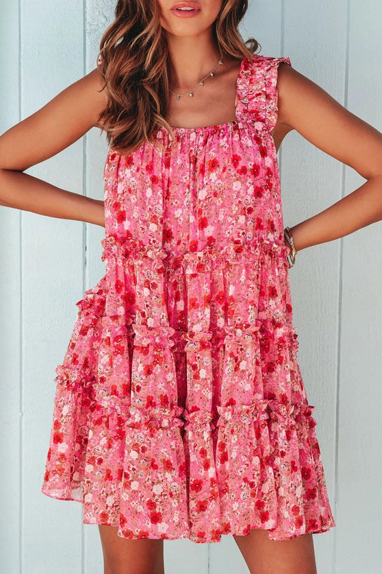 TIERED RUFFLED SQUARE NECK FLORAL MINI DRESS - ROSE RED