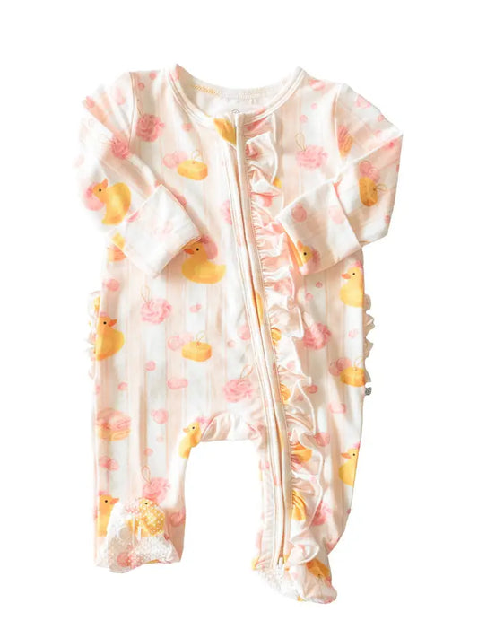 RUFFLE BAMBOO ZIPPER FOOTIE - BUBBLE DUCKIES PINK