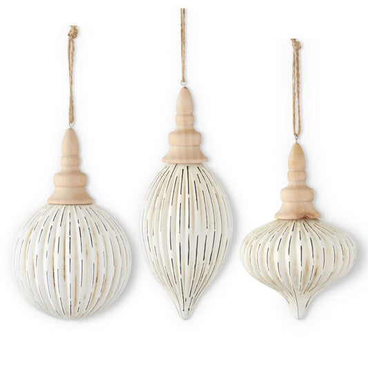 WHITE DISTRESSED GLASS ORNAMENTS W/ WOOD TOP - ASSORTED
