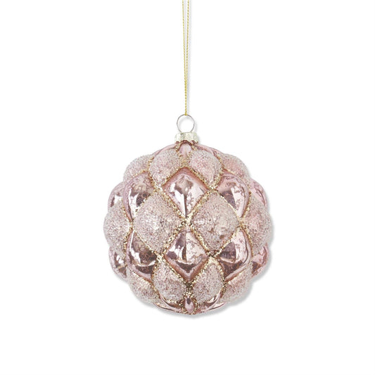 4.5 INCH BEADED PINK MERCURY GLASS ROUND HOBNAIL ORNAMENT