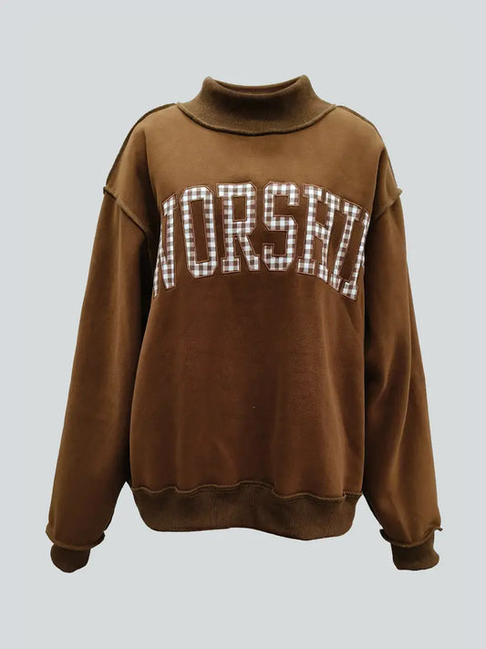 GINGHAM EMBROIDERED WORSHIP MOCK NECK SWEATSHIRT - BROWN GINGHAM