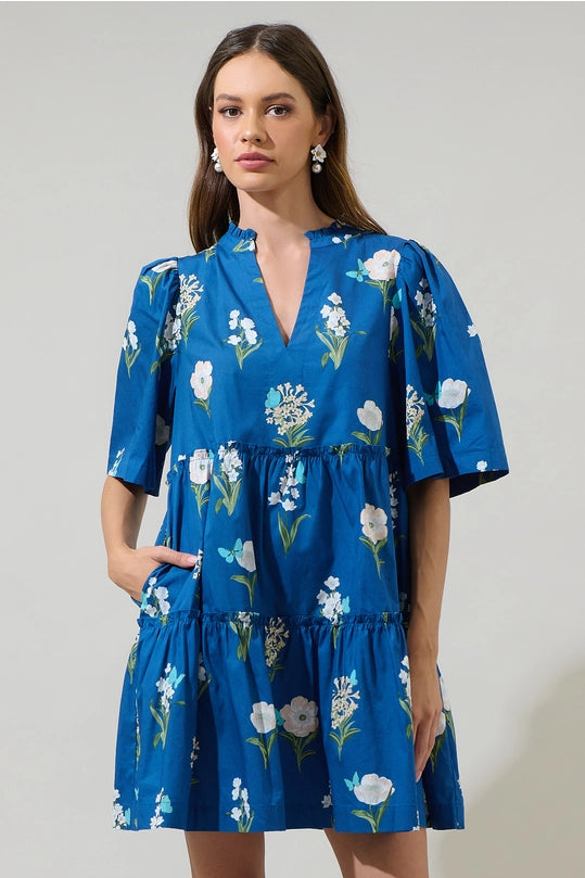 FLORAL DIXIE SPLIT NECK SHIFT DRESS - BLUE