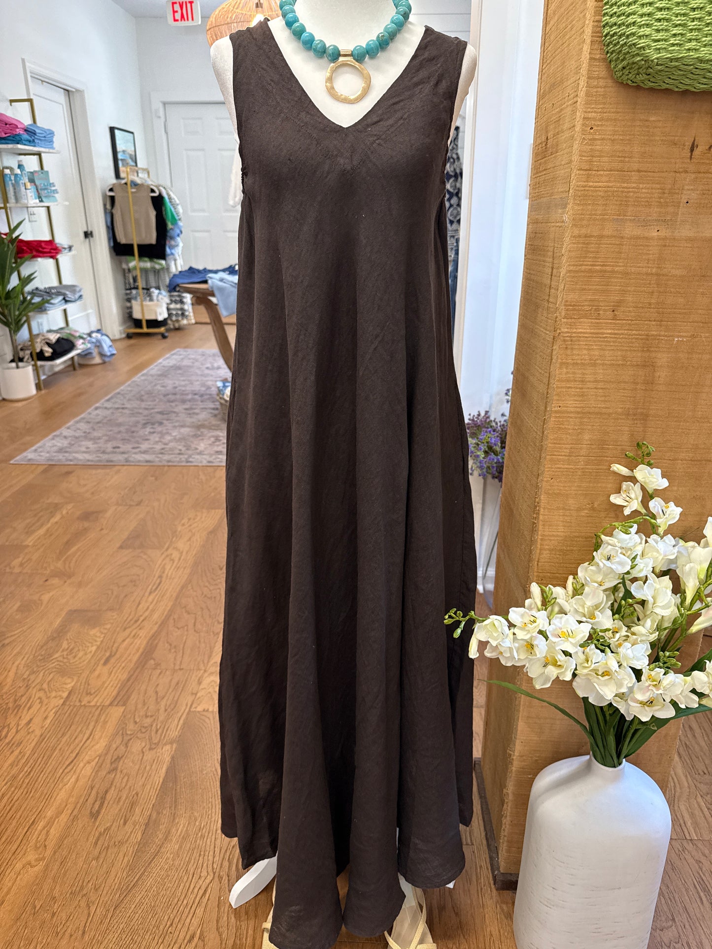 LINEN V-NECK MAXI TANK DRESS - CHOCOLATE BROWN