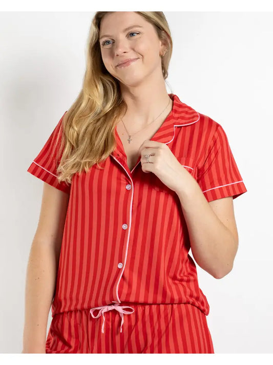 CARISSA STRIPE SHORT SLEEVE BUTTON UP SLEEP SHIRT  - RED/PINK