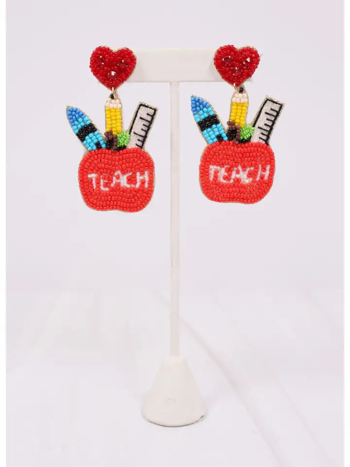 SCHOOL SUPPLIES BEADED EARRINGS - RED