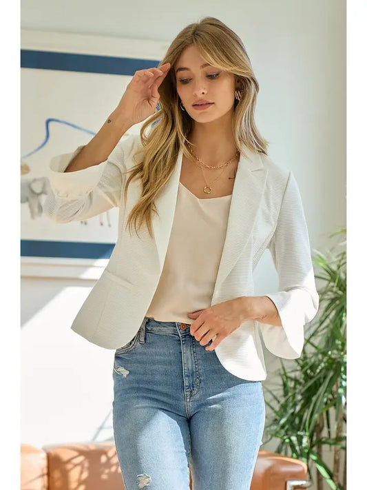 3/4 RUFFLE SLEEVE SOLID BLAZER - OFF WHITE