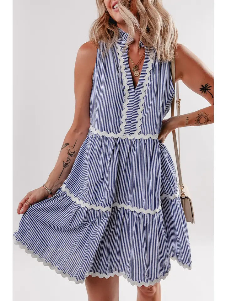 STRIPED PRINT RIC-RAC TRIM SLEEVELESS MINI DRESS