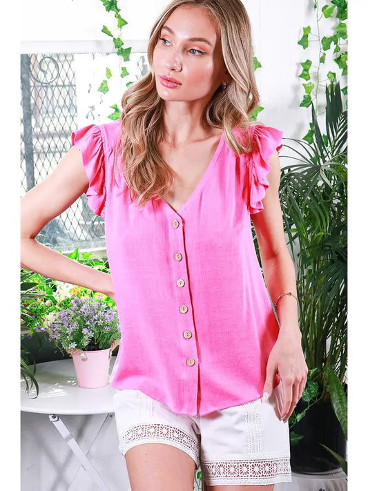 V-NECK SLEEVESS RUFFLE COTTON LINEEN TOP - PINK