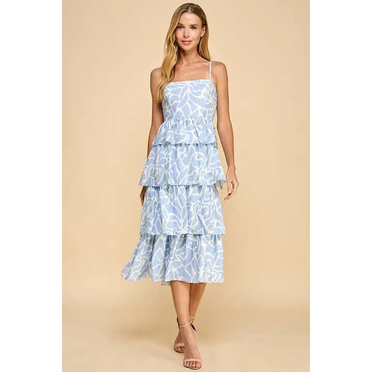 ANIMAL PRINT TIERED RUFFLED SKIRT DRESS - BLUE