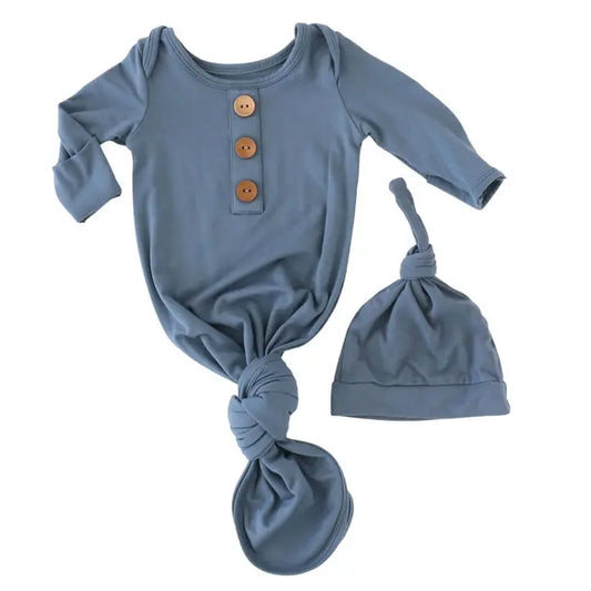 SOLID DUSTY BLUE BAMBOO BABY KNOT GOWN & HAT