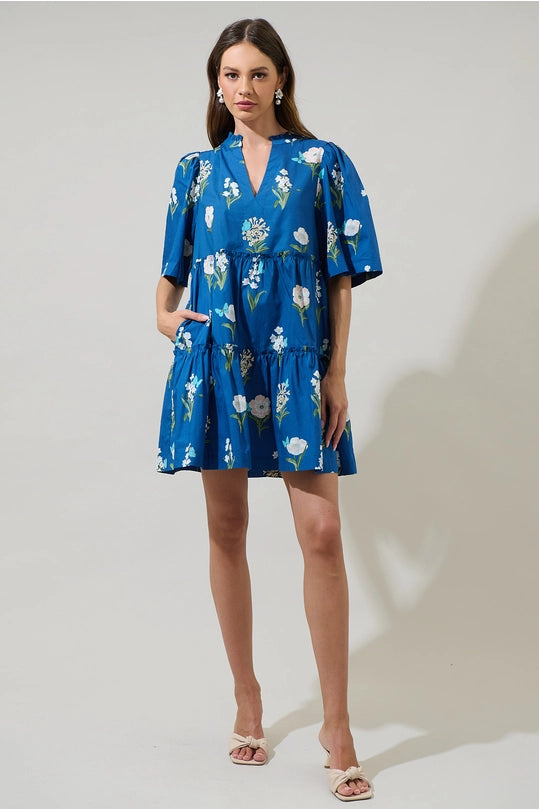 FLORAL DIXIE SPLIT NECK SHIFT DRESS - BLUE