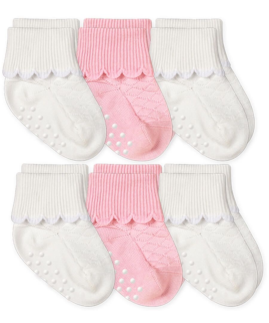 JEFFRIES SOCKS NON-SKID SCALLOPED TURN CUFF 6 PAIR PACK WHITE/PINK