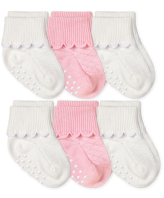 JEFFRIES SOCKS NON-SKID SCALLOPED TURN CUFF 6 PAIR PACK WHITE/PINK