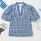 BLUE FLORAL STRIPED PRINT CONTRAST RIC-RAC PUFF SLEEVE TOP - BLUE