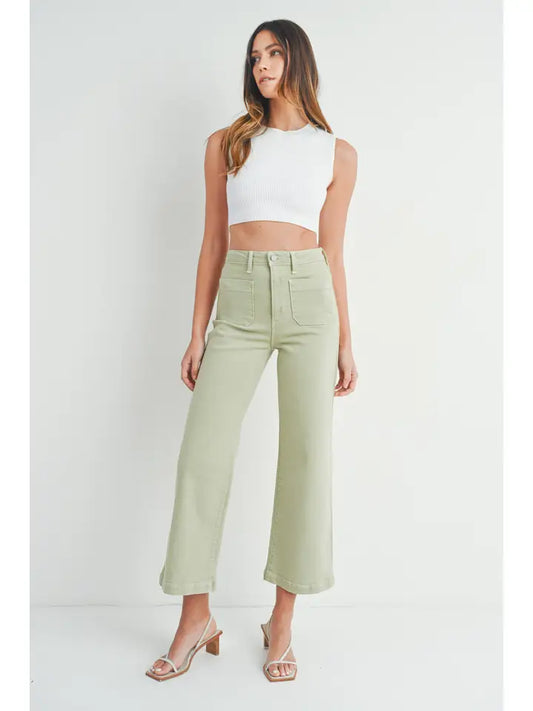 PATCH POCKET WIDE LEG JEANS - LIGHT SAGE