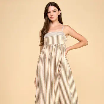 VERTICAL STRIPED RELAXED EMPIRE WAIST MOXI DRESS - BEIGE