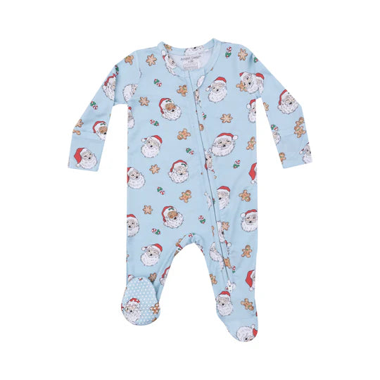 ZIPPER FOOTIE - BLUE VINTAGE SANTAS