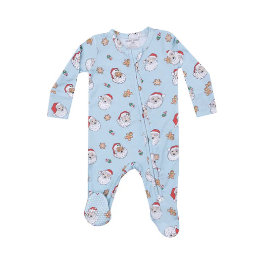 ZIPPER FOOTIE - BLUE VINTAGE SANTAS