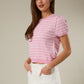 HALF SLEEVE CREW NECK PUFF STRIPED SWEATER TOP - PINK/WHITE