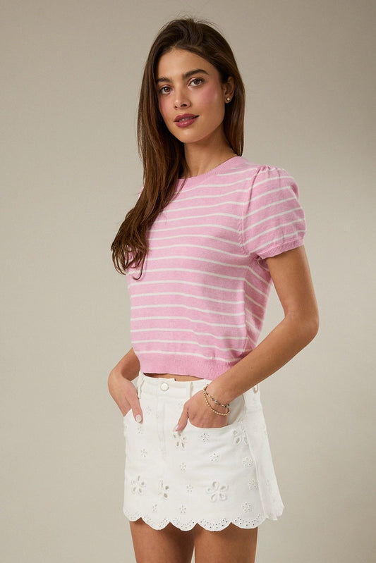 HALF SLEEVE CREW NECK PUFF STRIPED SWEATER TOP - PINK/WHITE