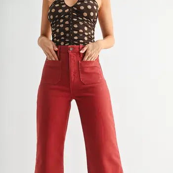 PATCH POCKET WIDE LEG JEAN - BURGUNDY