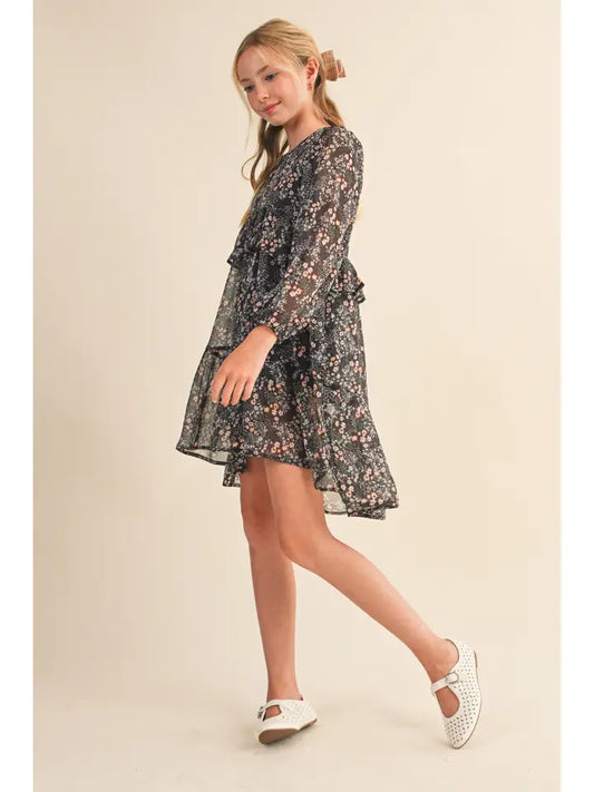 GILRS LAYERED HI-LOW MIDI DRESS - BLACK MULTI